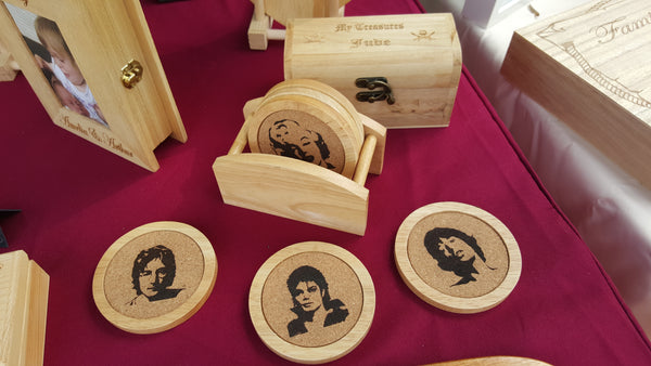 Cork Coasters in a Wooden Holder.